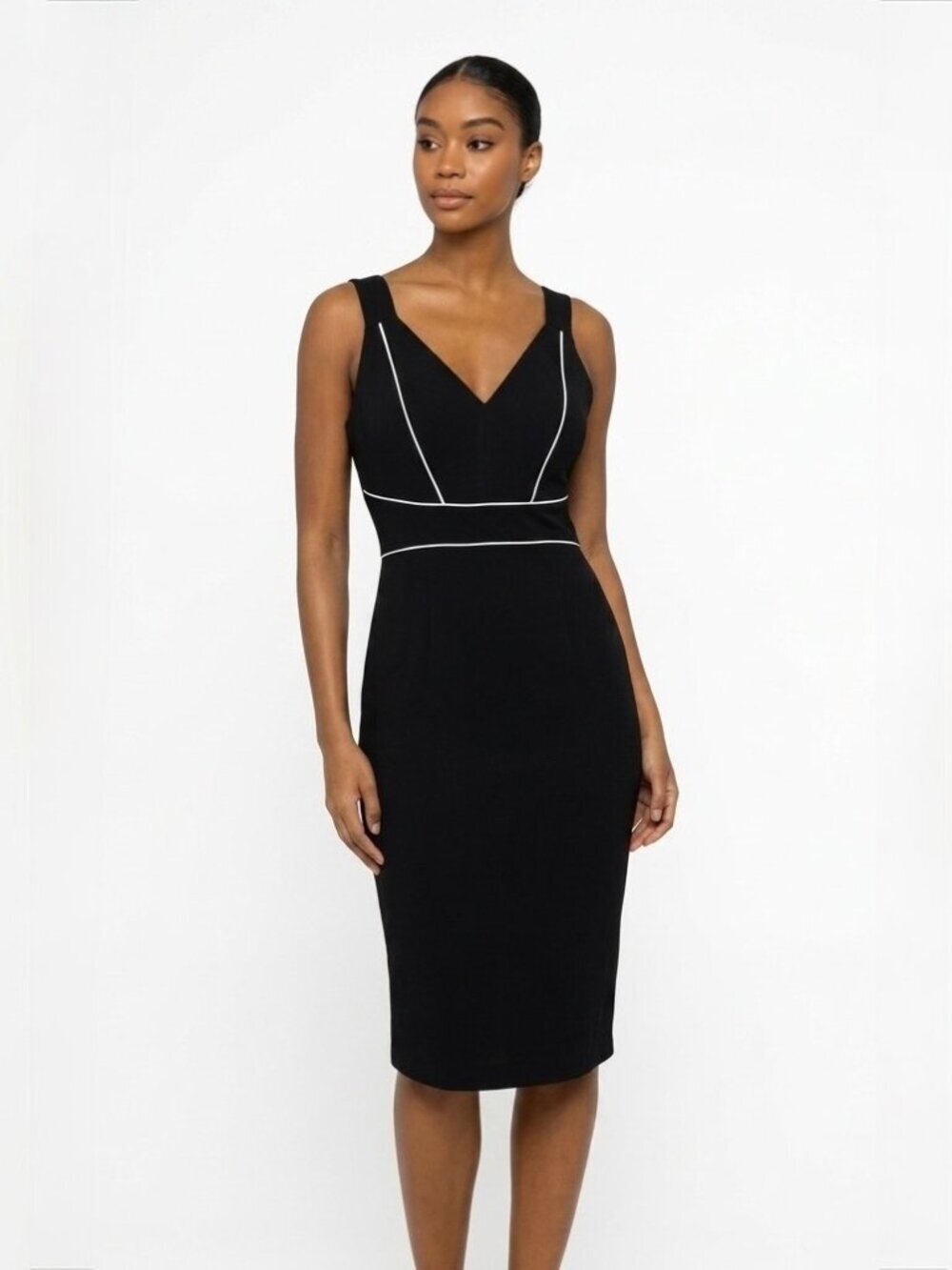 Ted Baker Pencil Dress Black White Piping V-Neck Zip 3 US 8 Old Money Cocktail